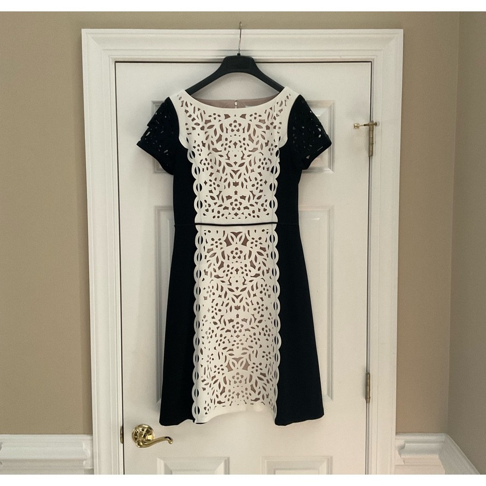 Nue by Shani Laser Cut Dress, Size 8 - Cream and Black